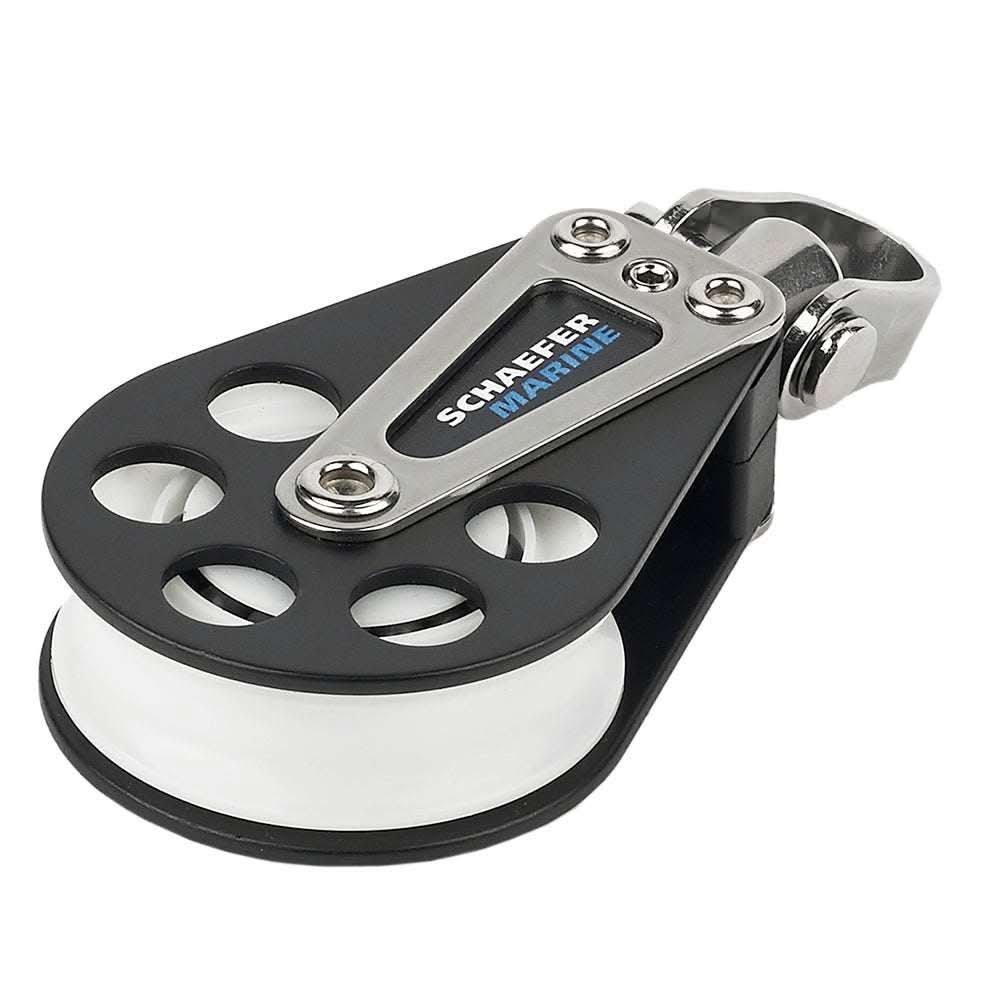 Schaefer Marine single ball bearing block with aluminum cheeks and Delrin sheave for low-friction sailing rigging.