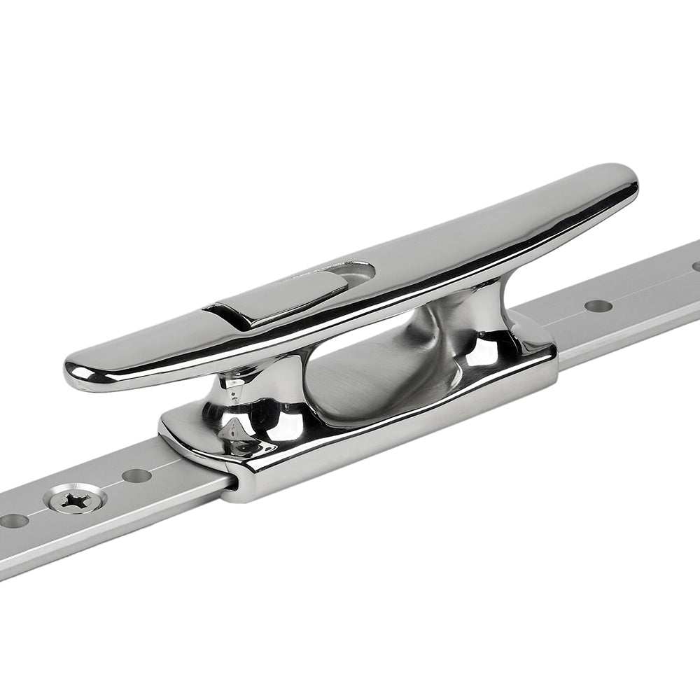 Schaefer Mid-Rail Chock/Cleat stainless steel T-Track mount, 6.5-inch length, heavy-duty marine hardware.