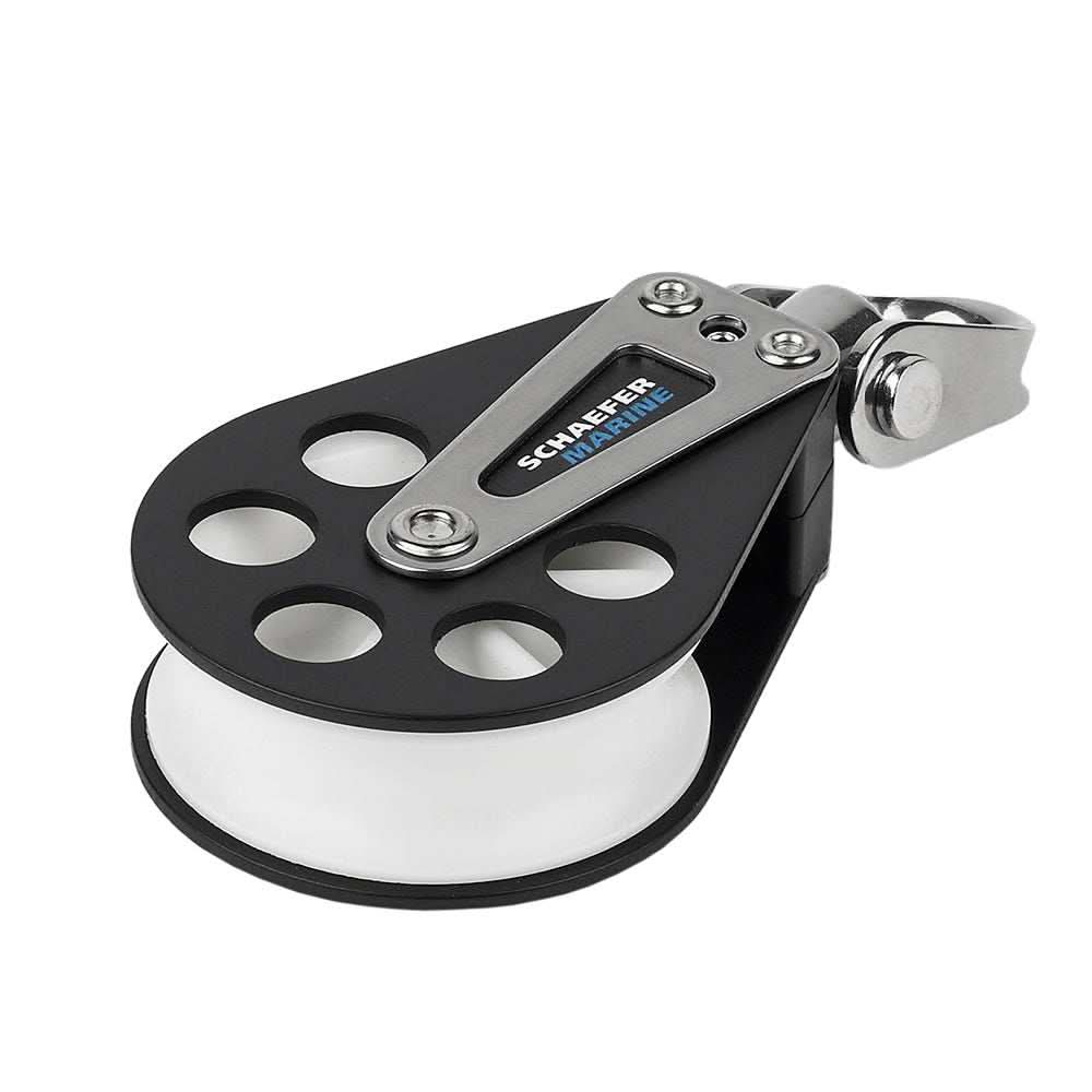 Schaefer single aluminum block with 60mm Delrin sheave and swivel lock for smooth operation and 2250 lbs safe working load