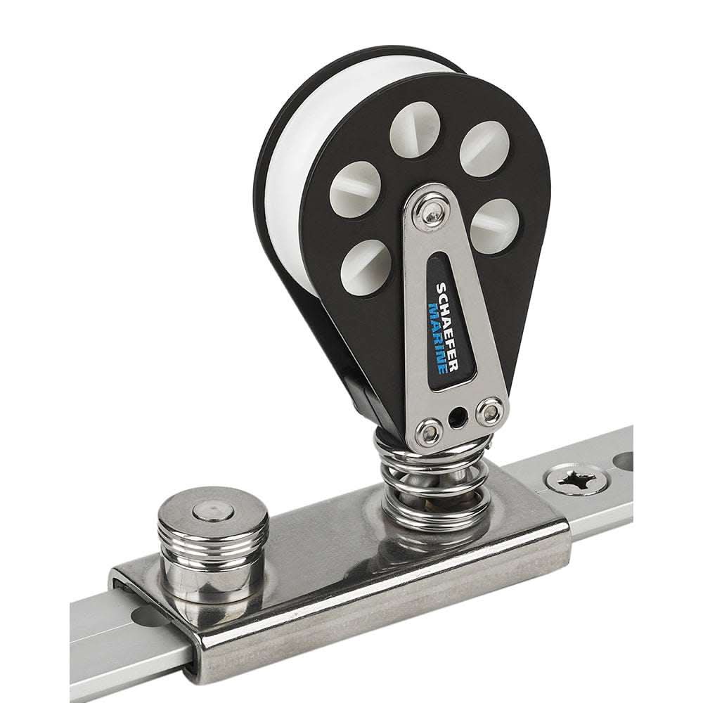 Spring loaded lined aluminum slide with Delrin sheave for 1-1/4 inch T-track sailing equipment