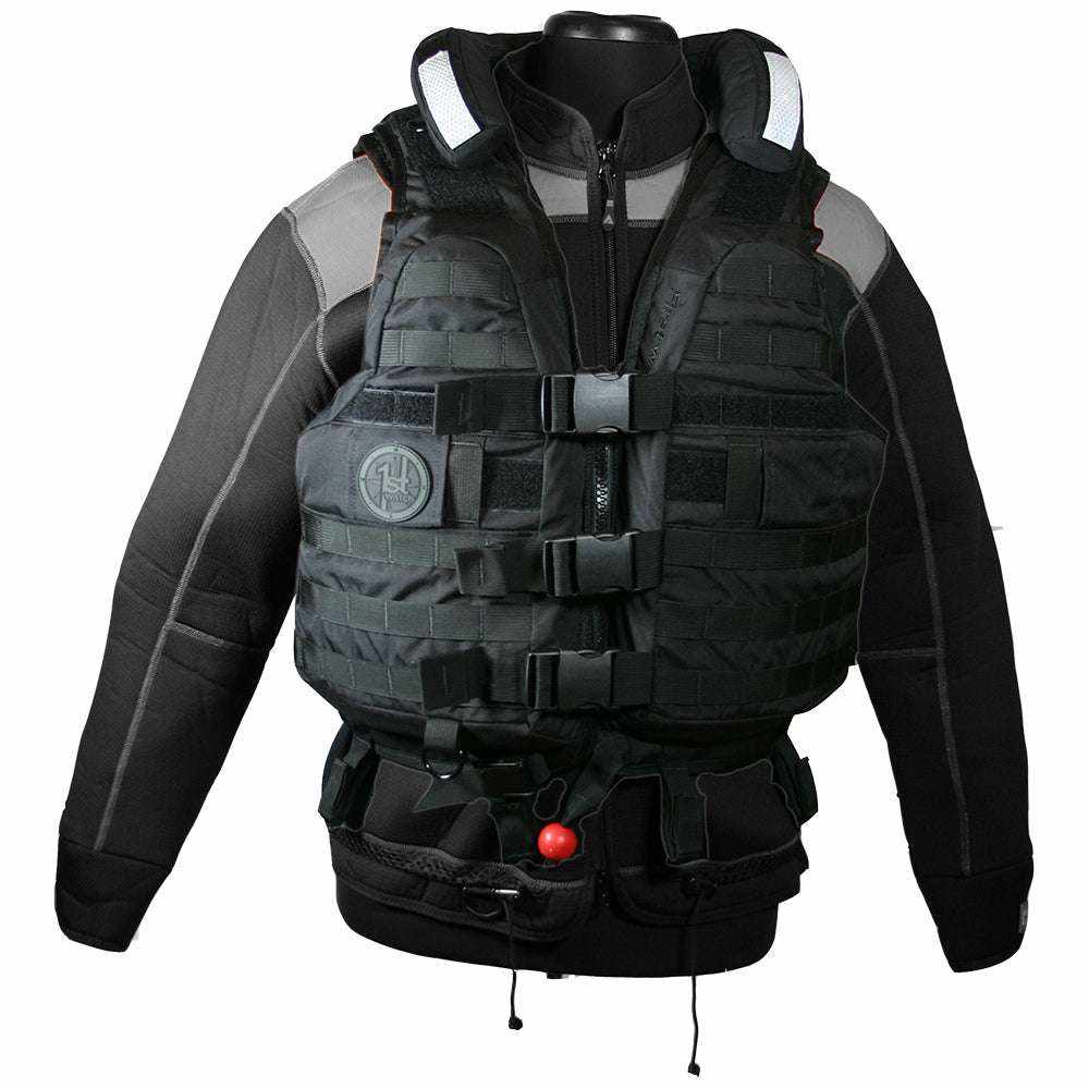 Black high buoyancy rescue vest with MOLLE webbing, quick release belt, and reflective tape for SAR professionals