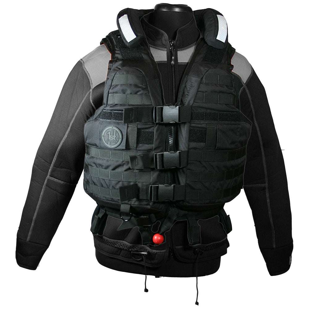 Black high buoyancy rescue vest with MOLLE webbing and leg harness system, designed for SAR professionals, in X-Large to XXX-Large sizes