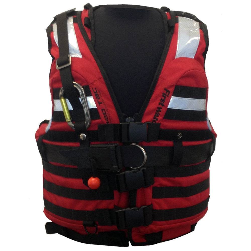 Red First Watch HBV-100 High Buoyancy Type V Rescue Vest with MOLLE webbing and quick release belt, medium to extra-large size