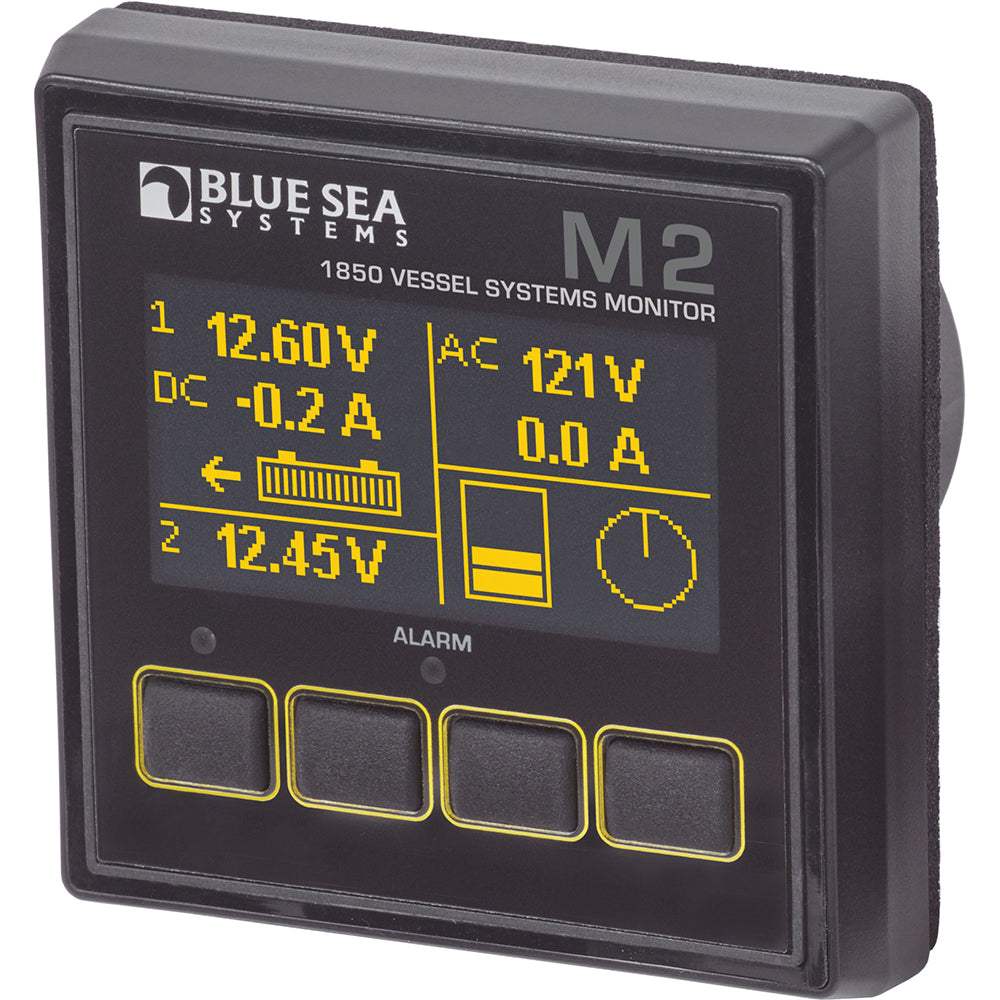 Blue Sea 1850 M2 vessel systems monitor with OLED digital display for DC, AC, bilge, and tank monitoring