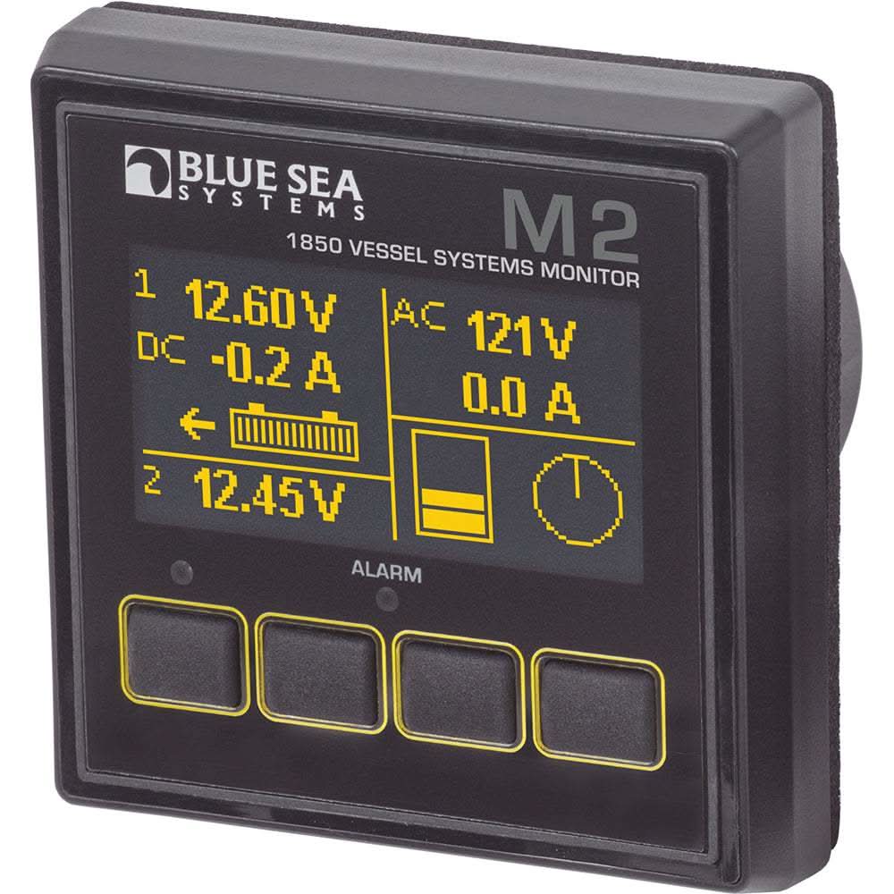 Blue Sea 1850 M2 vessel systems monitor with OLED digital display for DC, AC, bilge, and tank monitoring