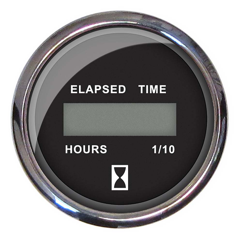 2" digital hourmeter with stainless steel bezel and Chesapeake black face showing elapsed time and hours.