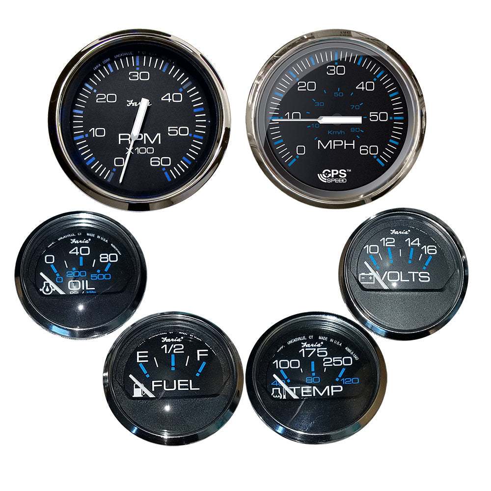 Faria Box Set of 6 gauges with Chesapeake black dials and stainless steel bezels including speed, tachometer, fuel, voltmeter, water temperature, and oil PSI gauges