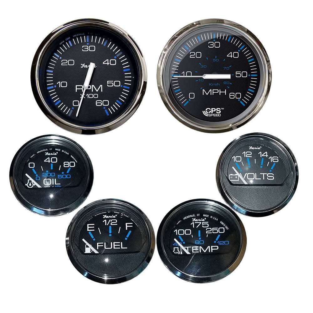 Box set of 6 gauges including speed, tachometer, fuel, voltmeter, water temp, and oil PSI with stainless steel bezel