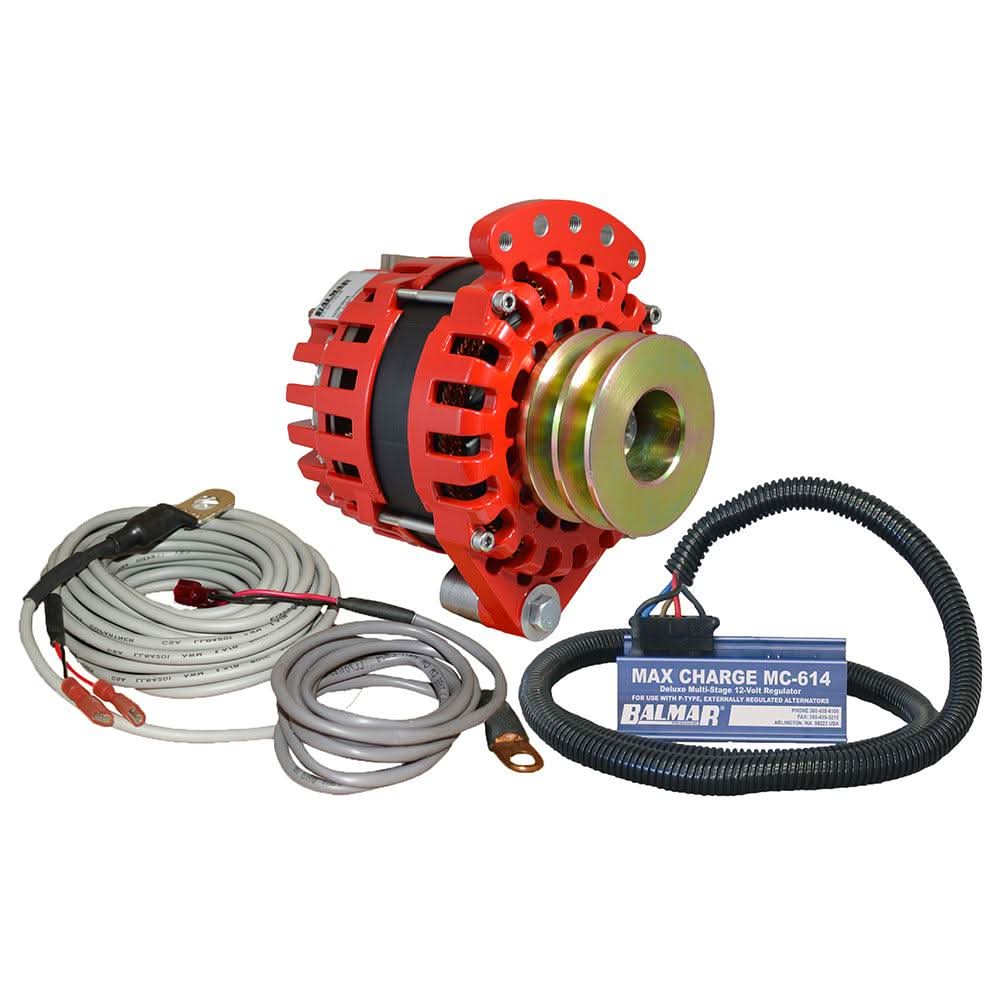 Balmar 170A 12V marine alternator kit with single foot dual V pulley, regulator, and temp sensor