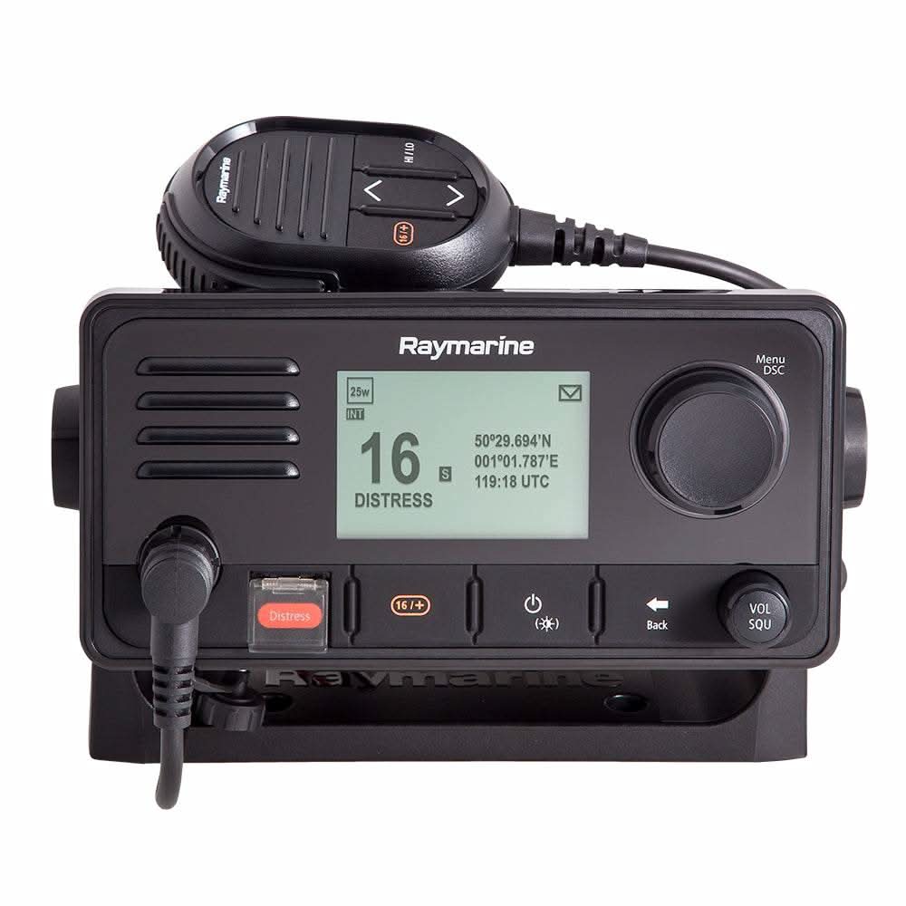 Raymarine Ray73 VHF radio with AIS receiver, built-in GPS, large display, and handheld microphone for marine communication.