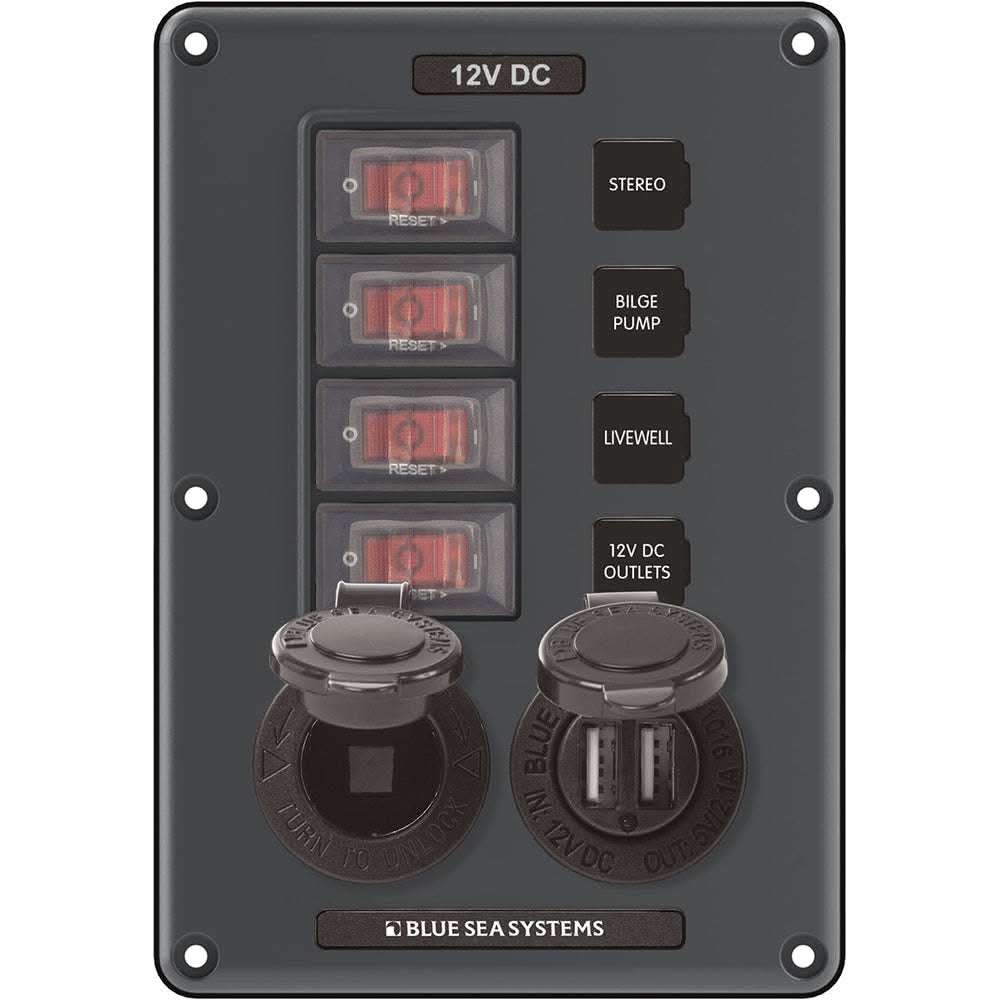Gray Blue Sea 4321 Circuit Breaker Switch Panel with 4 positions, 12V socket, and dual USB ports