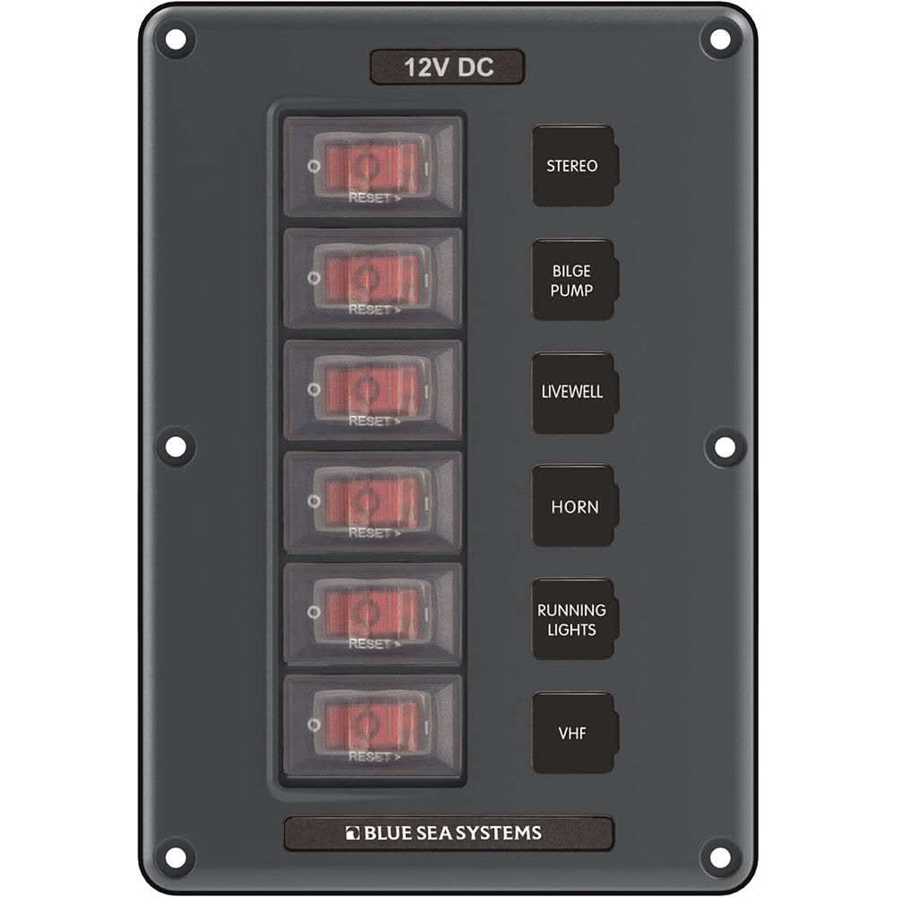 Blue Sea 4322 gray 6-position circuit breaker switch panel with illuminated breakers and labeled switches