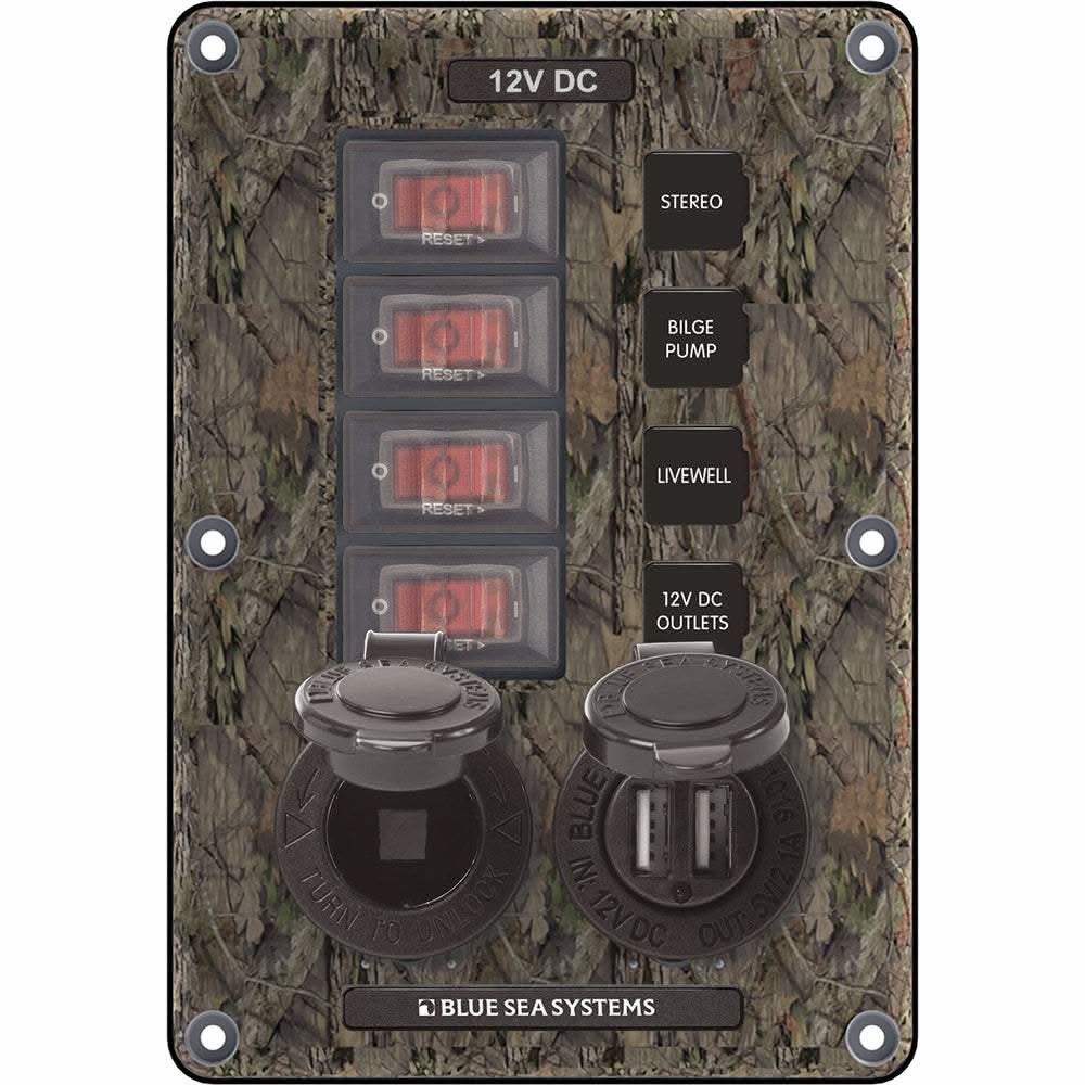 Blue Sea 4324 camo 4-position circuit breaker switch panel with 12V socket and dual USB ports