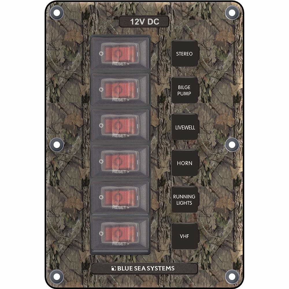 Blue Sea 4325 Camo 6-position 12V DC circuit breaker switch panel with illuminated breakers and labeled switches