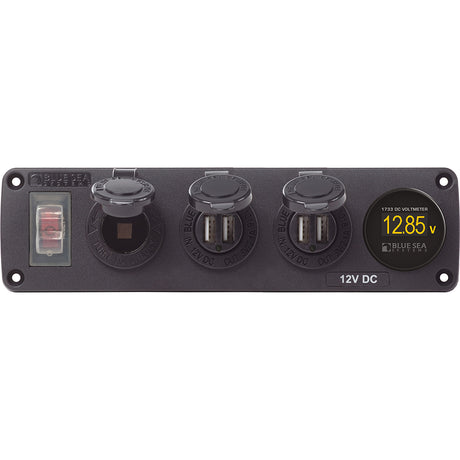 Blue Sea 4368 Water Resistant USB Accessory Panel - 12V Socket, 2x 2.1A Dual USB Chargers, Mini Voltmeter - 4368