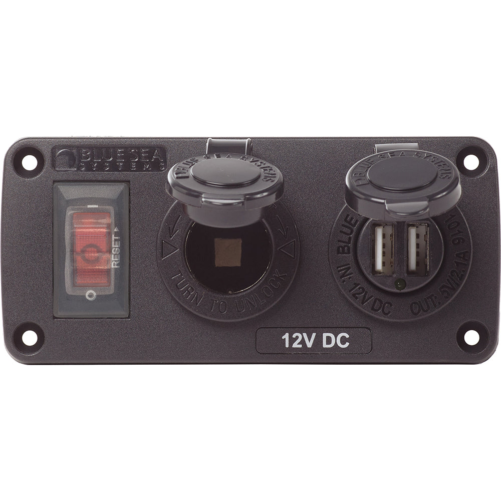 Blue Sea 4363 Water Resistant USB Accessory Panels - 15A Circuit Breaker, 12V Socket, 2.1A Dual USB Charger - 4363