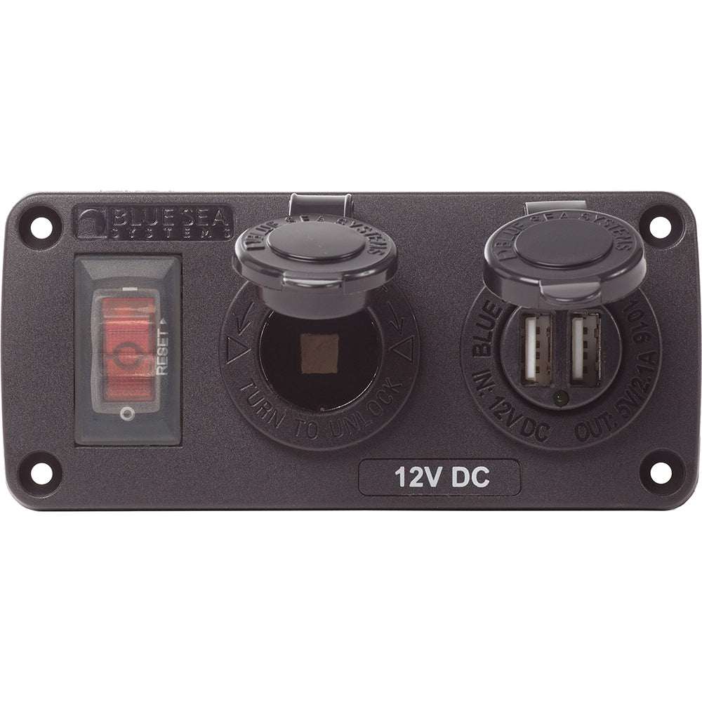 Blue Sea 4363 water resistant USB accessory panel with 15A circuit breaker, 12V socket, and dual 2.1A USB charger