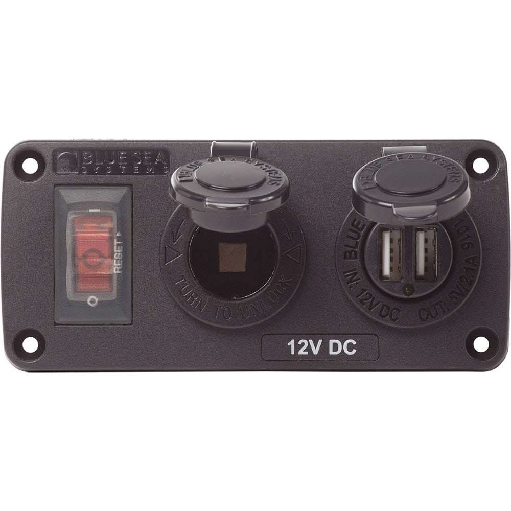 Blue Sea 4363 water resistant USB accessory panel with 15A circuit breaker, 12V socket, and dual 2.1A USB charger