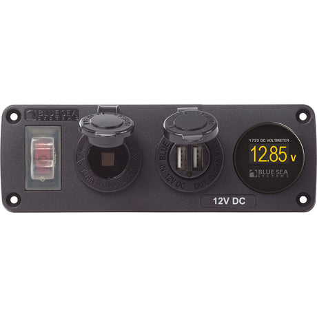 Blue Sea 4366 Water Resistant USB Accessory Panel - Circuit Breaker, 12V Socket, Dual USB Charger, Mini Voltmeter - 4366