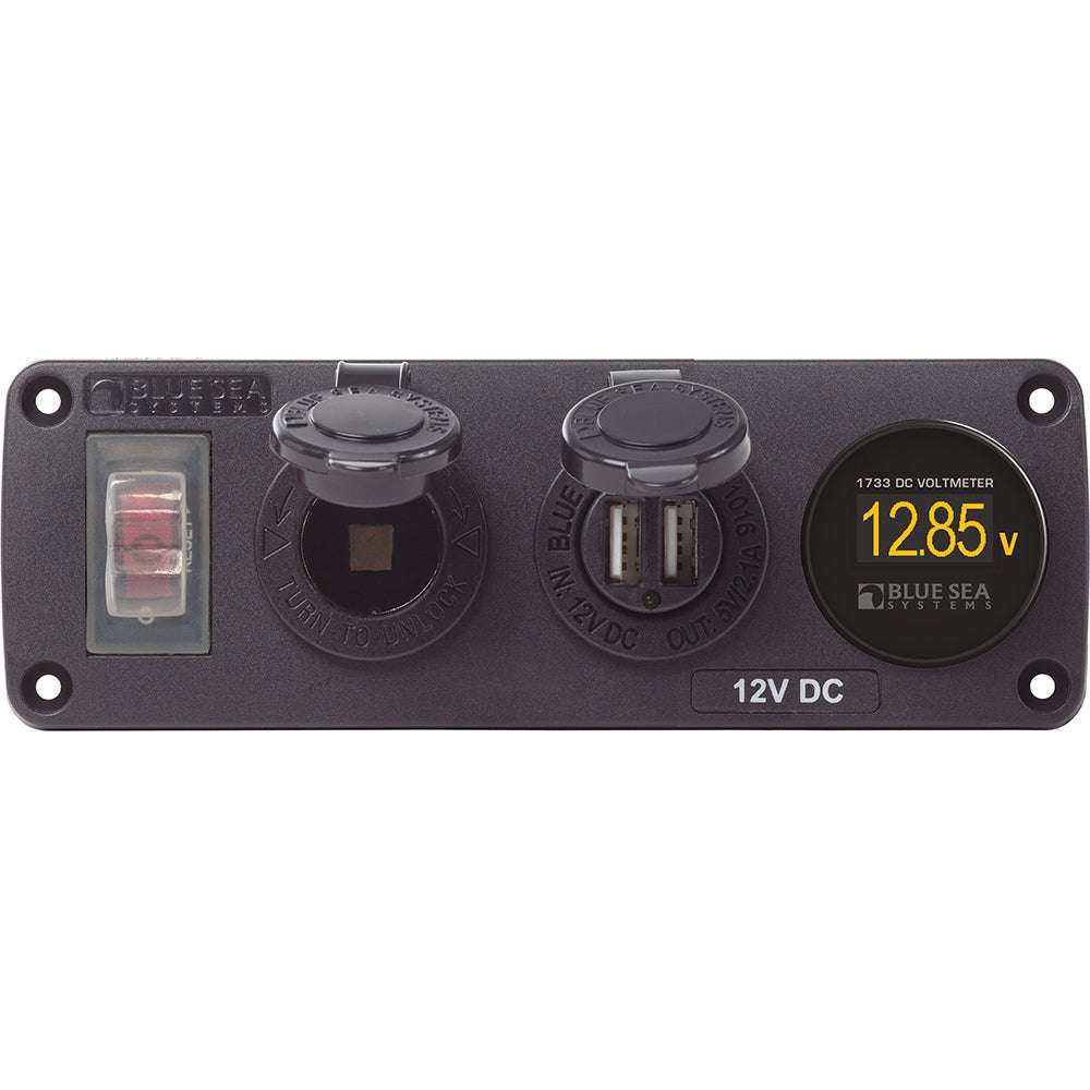 Blue Sea 4366 water resistant USB accessory panel with circuit breaker, 12V socket, dual USB charger, and mini voltmeter