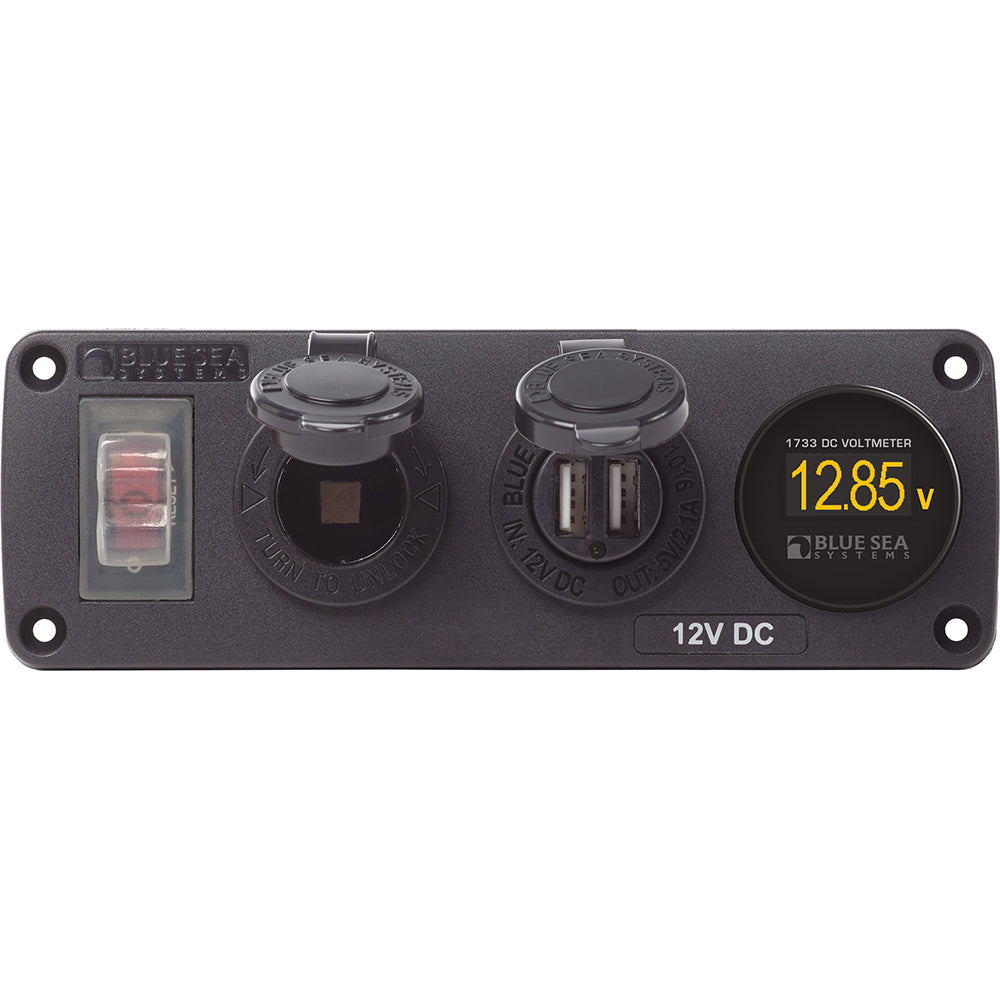 Blue Sea 4366 water resistant USB accessory panel with circuit breaker, 12V socket, dual USB charger, and mini voltmeter