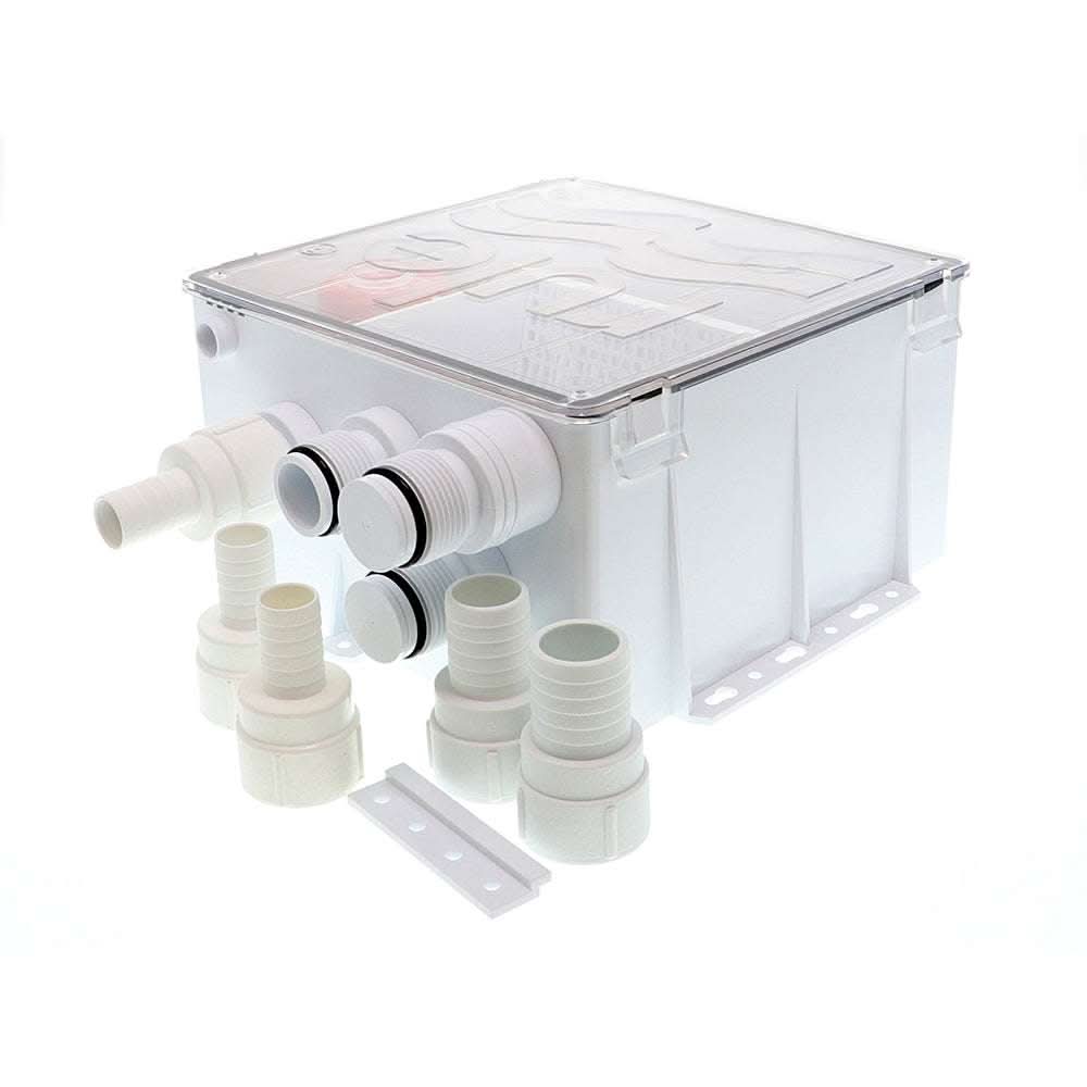 Rule Shower Drain Box with 800 GPH pump and three inlet ports, 24V, transparent lid, and accessories