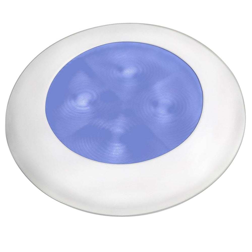 Hella Marine Blue LED round courtesy lamp with white bezel, 24V, energy-efficient, waterproof, UV resistant marine light