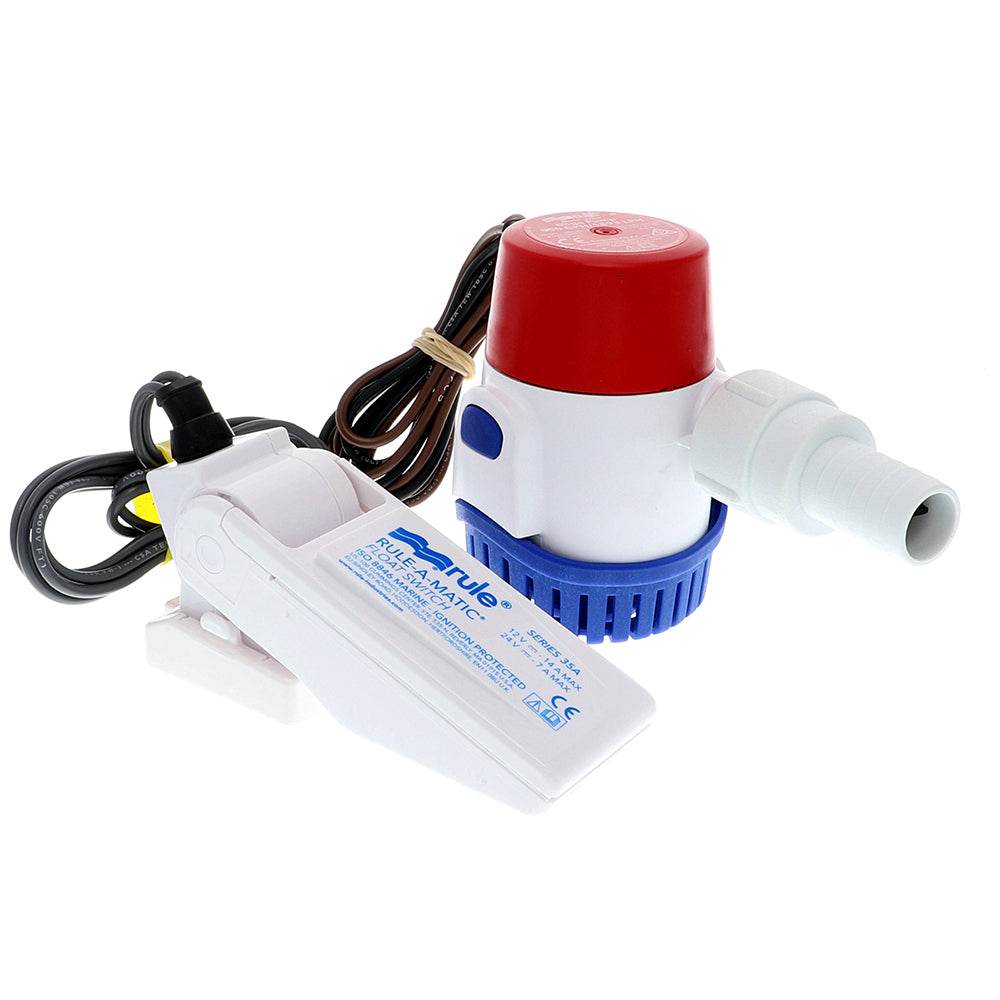 Rule 500 GPH 12V bilge pump kit with float switch, submersible, stainless steel shaft, and back flow preventer