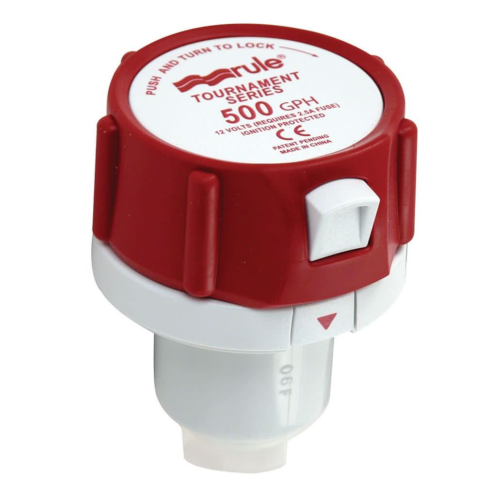 Rule 500 GPH replacement motor cartridge for Tournament Series pumps with red and white design