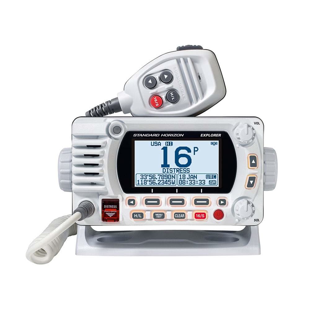 Standard Horizon GX1800G white fixed mount marine VHF radio with built-in GPS and handheld microphone.