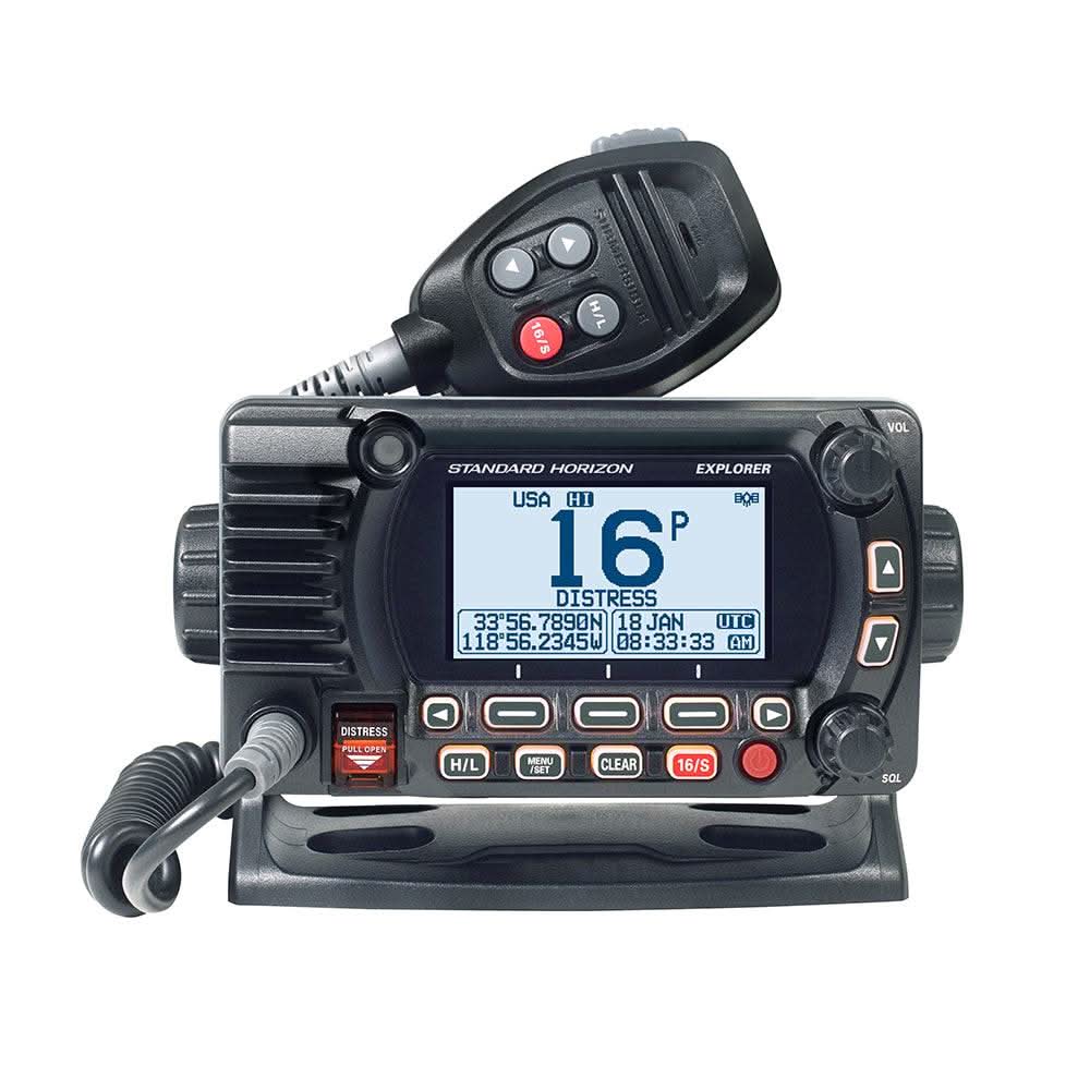 Standard Horizon GX1850 fixed mount VHF marine radio with NMEA 2000, DSC, compact design, and second station mic compatibility.