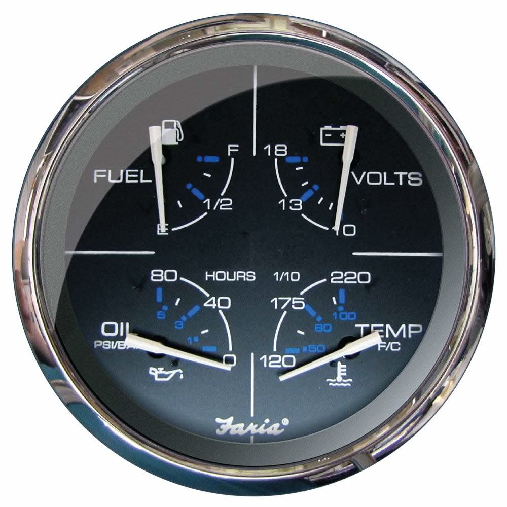 Faria 5 inch multifunction gauge with fuel, oil pressure, water temperature, and voltmeter in black and stainless steel