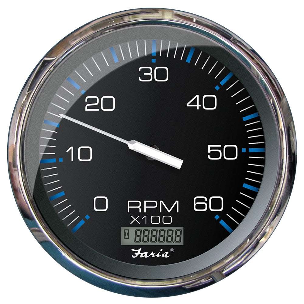 Faria 5-inch tachometer with digital hourmeter, black dial, stainless steel bezel, 6000 RPM gas engine inboard model