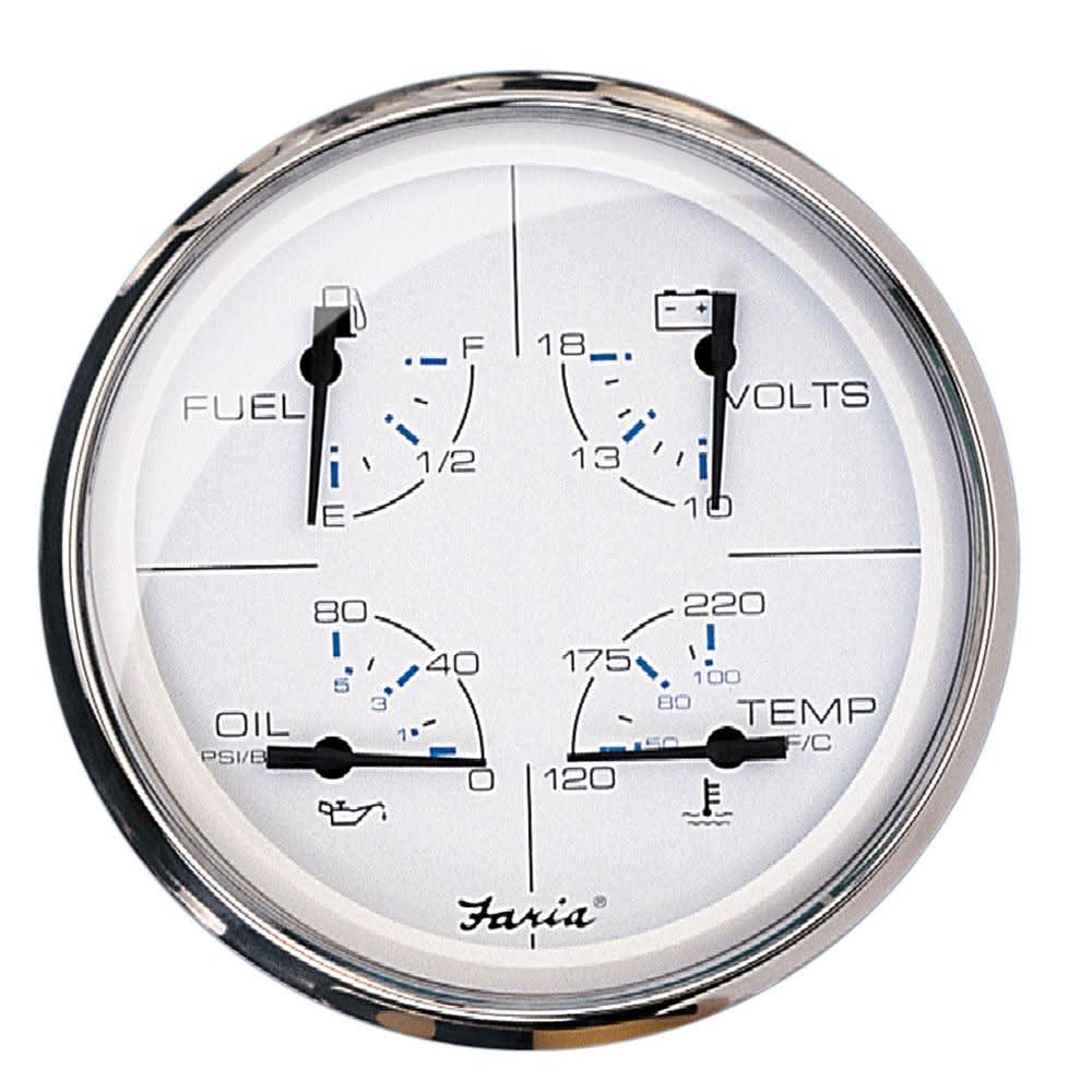 Faria 5" multifunction gauge with fuel, volts, oil pressure, and temperature displays, white dial and stainless steel bezel
