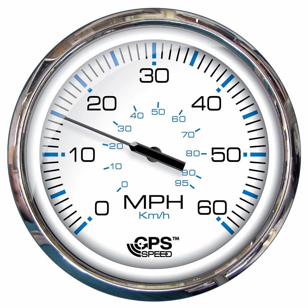 Faria 5" Chesapeake White GPS speedometer with stainless steel bezel, 60 MPH display, analog pointer, and digital GPS accuracy