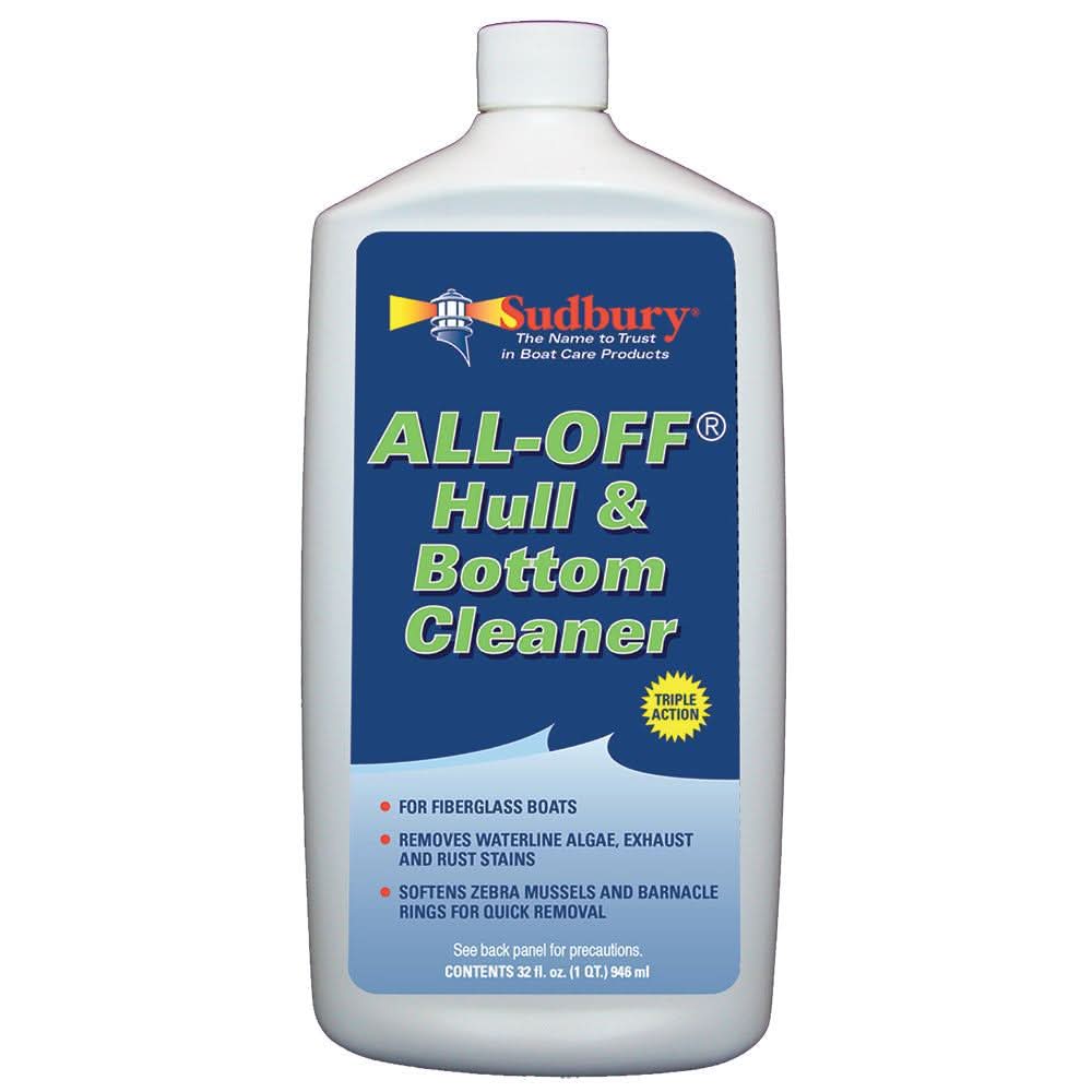 Sudbury All-Off 32 oz hull and bottom boat cleaner removing algae, rust, and barnacle stains safely from fiberglass.