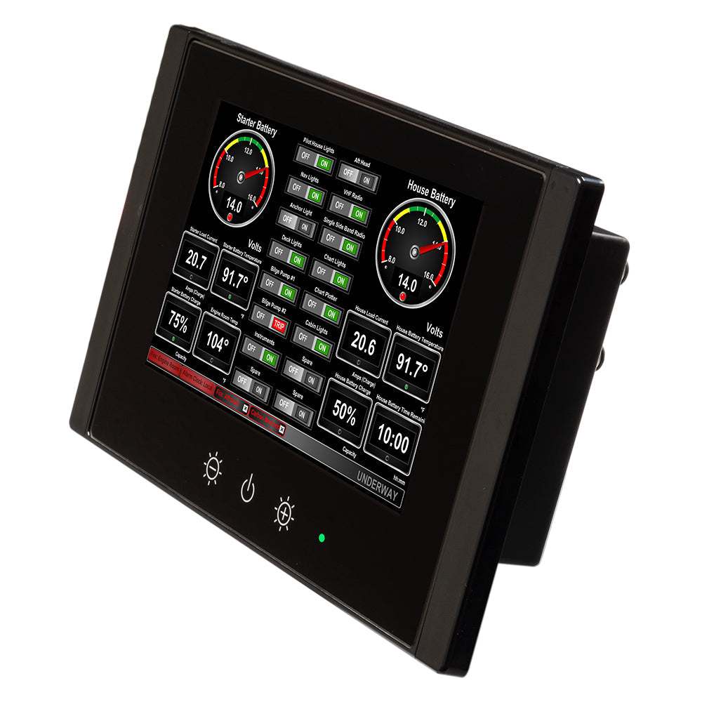 Maretron 8" vessel monitoring and control touchscreen displaying battery status and system information.