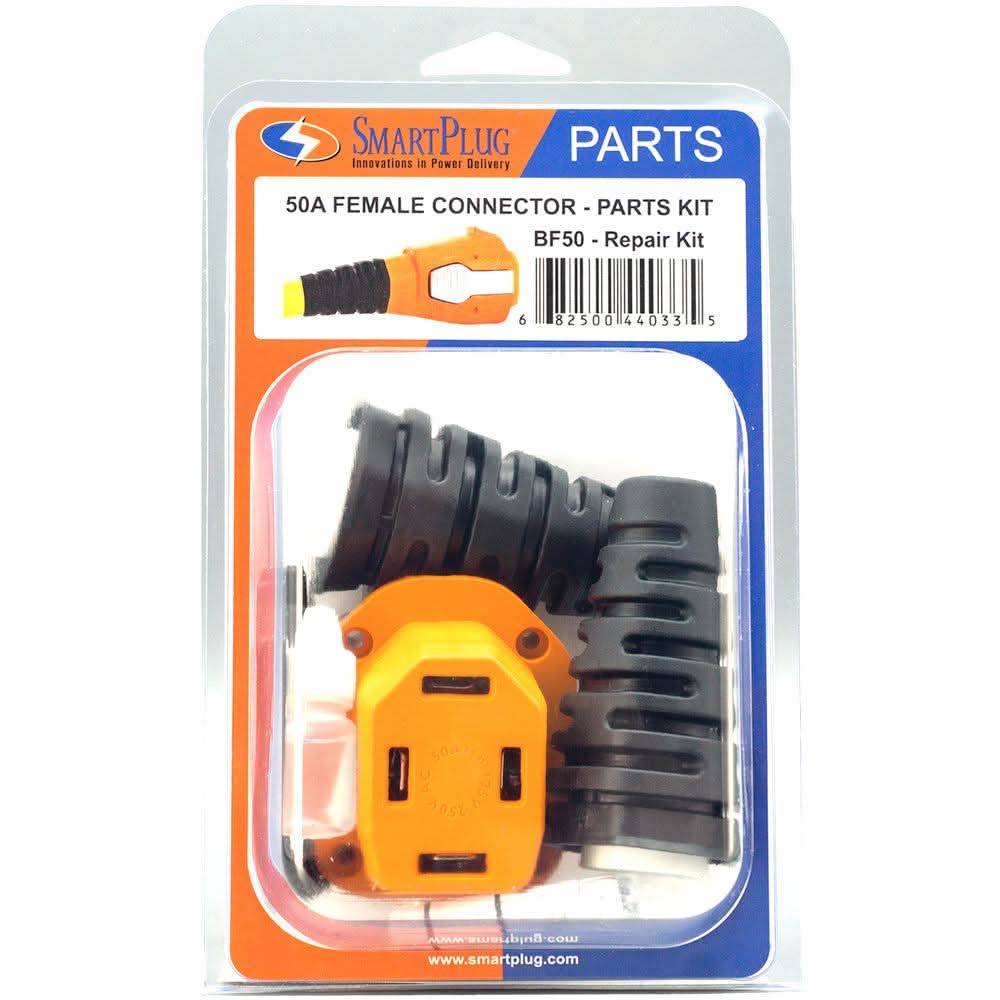 SmartPlug BF50 50A female connector repair kit with plug body, clamp arms, face gasket, cord seal, and installation tool