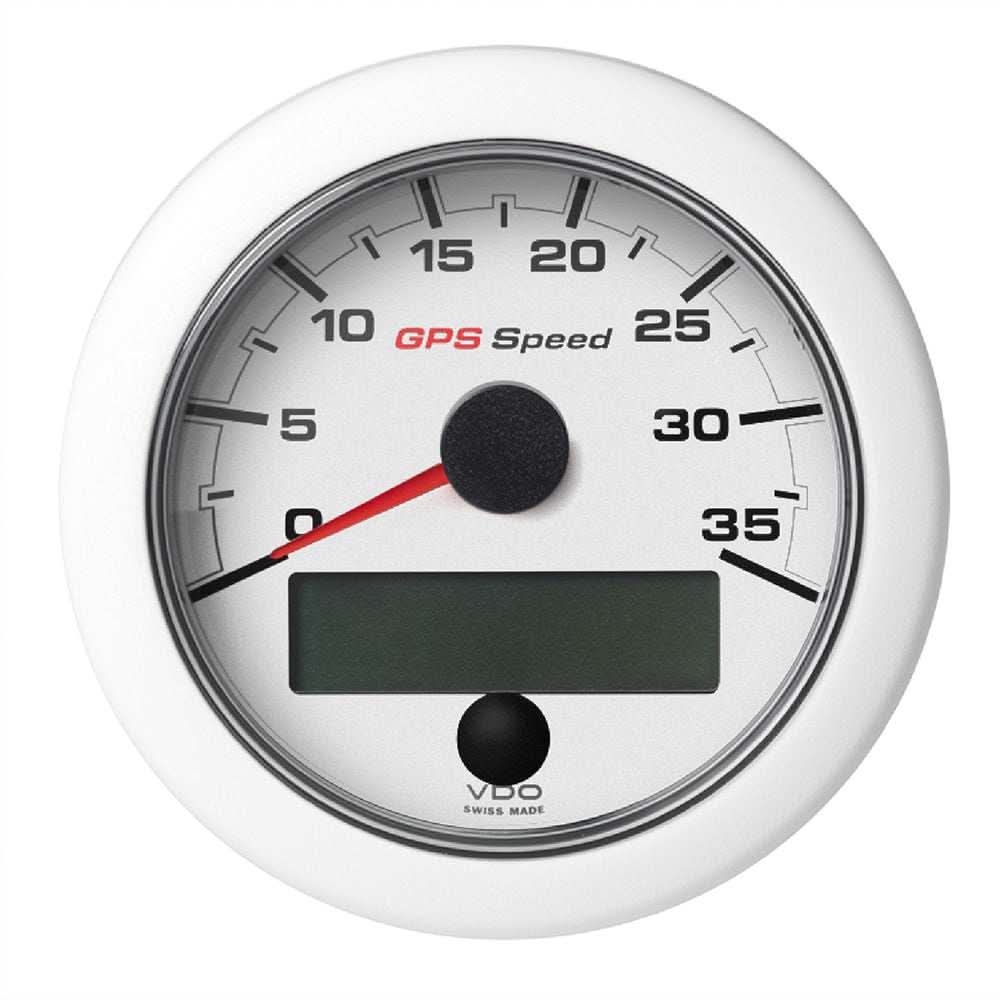 VDO 3-3/8" OceanLink GPS speedometer with white dial and bezel showing 0-35 kn/mph/kmh range