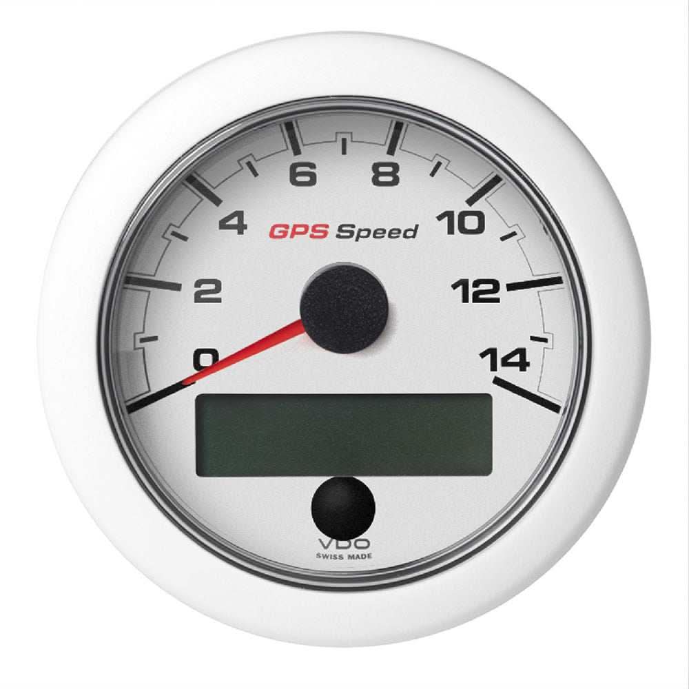 VDO 3-3/8" GPS speedometer with white dial and bezel displaying 0-14 scale and digital screen