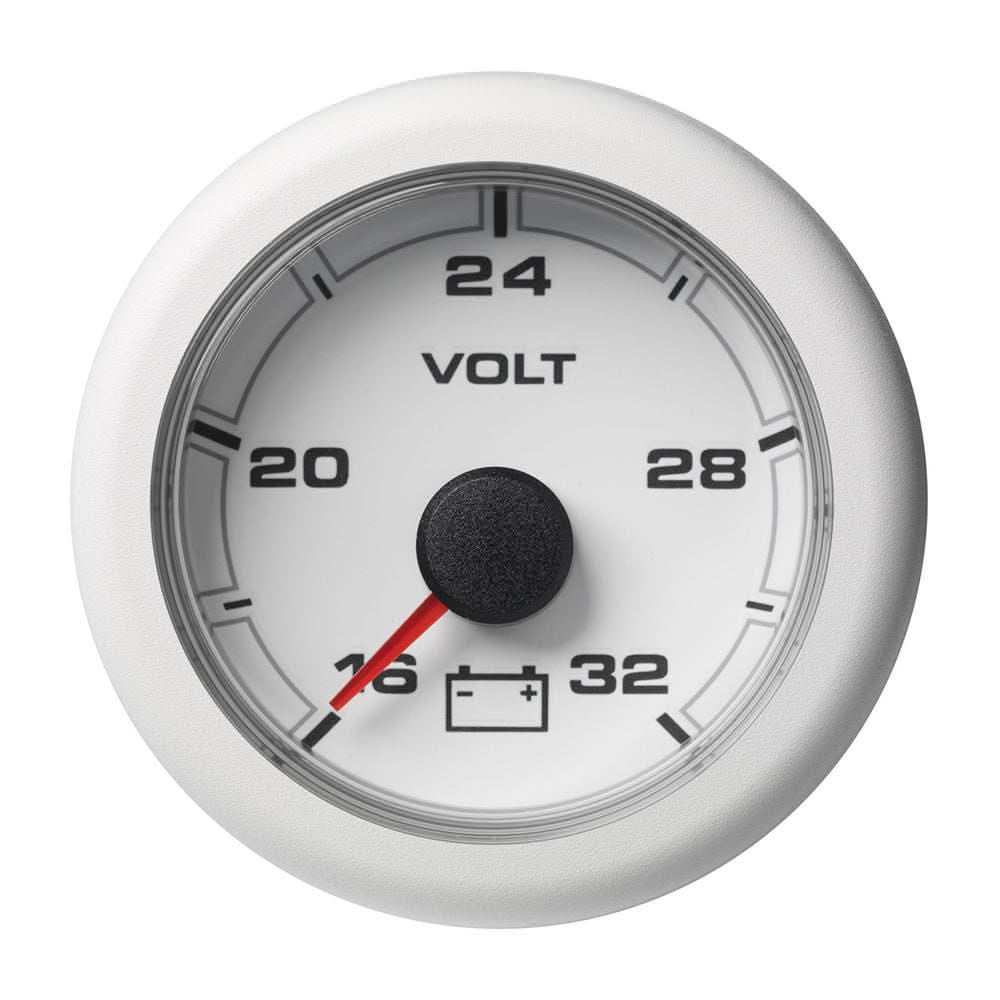 VDO 2-1/16" (52MM) OceanLink battery voltage gauge with white dial and bezel showing 16 to 32 volts range