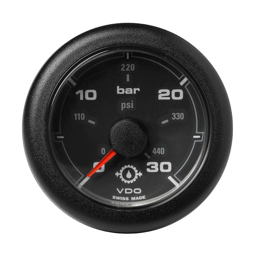 VDO 2-1/16 inch OceanLink transmission oil pressure gauge with black dial and bezel showing 30 bar 440 PSI