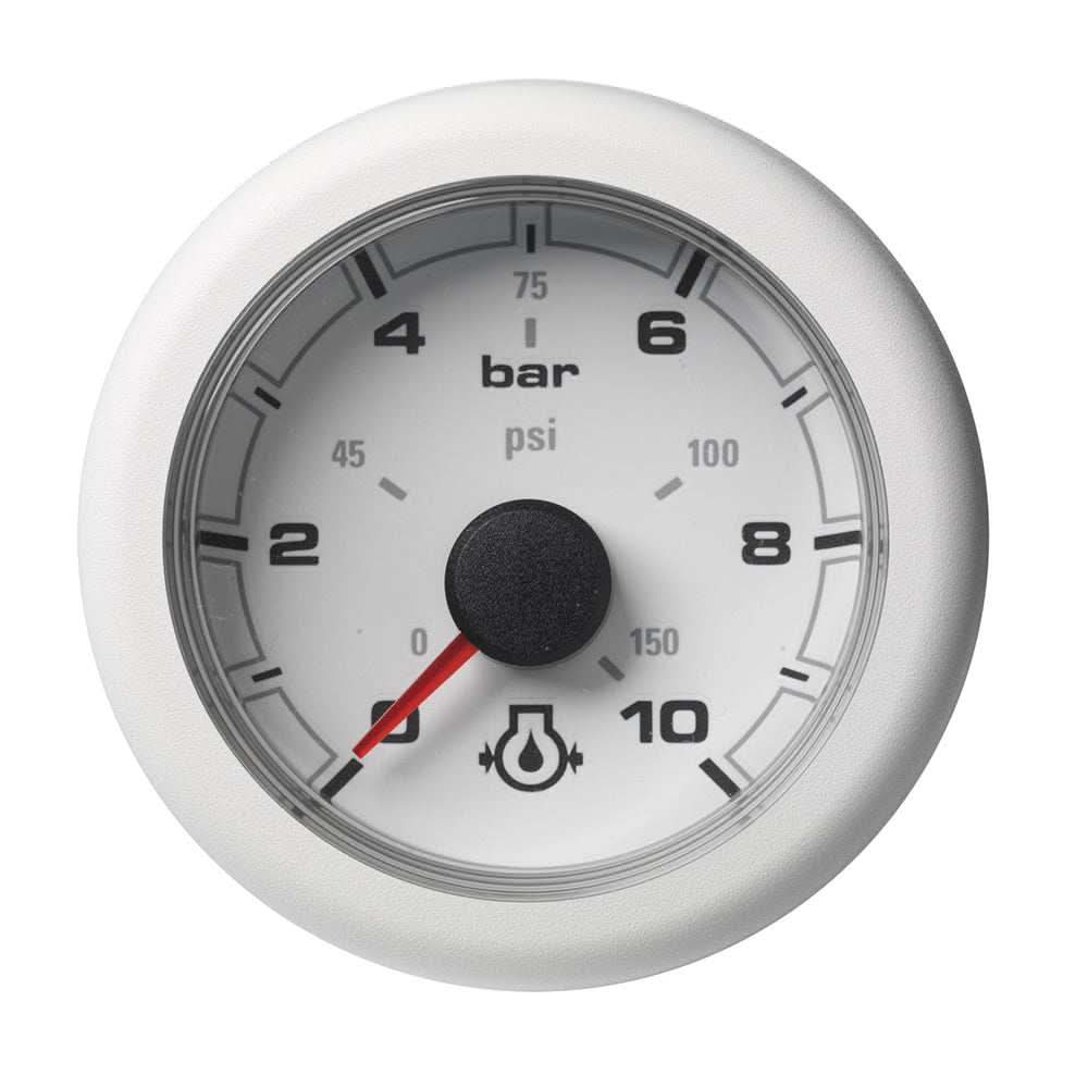 VDO OceanLink 10 bar 150 psi engine oil pressure gauge with white dial and bezel