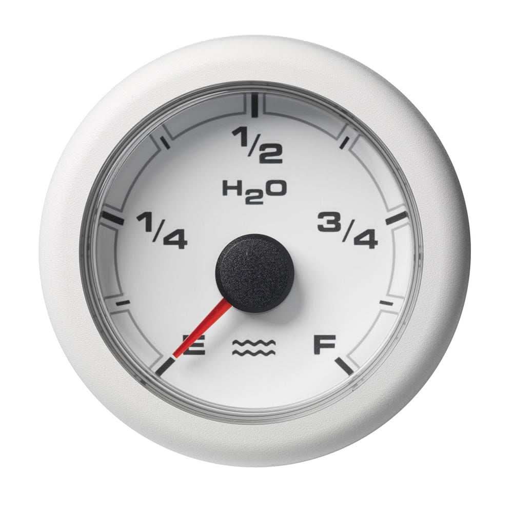 VDO 2-1/16 inch OceanLink fresh water gauge with white dial and bezel showing empty to full levels