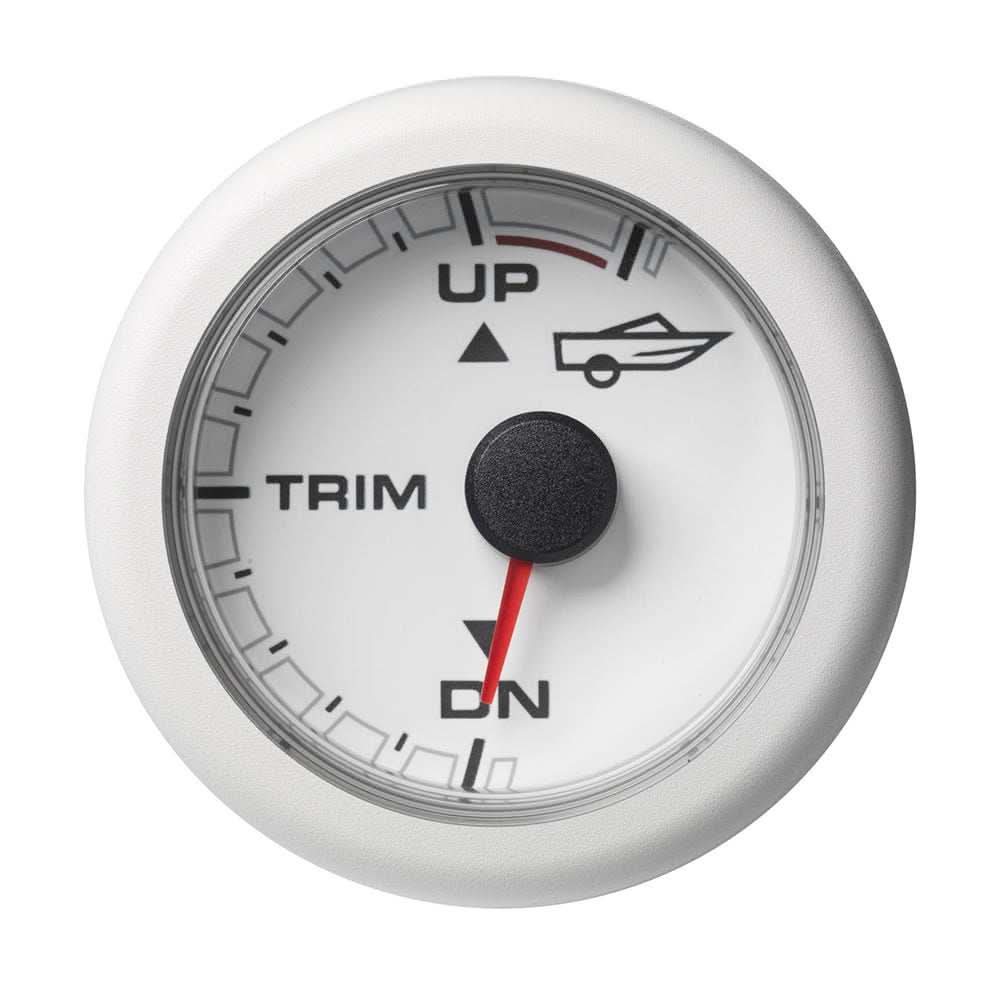 VDO OceanLink Engine Trim gauge with white dial and bezel showing trim up and down indicators