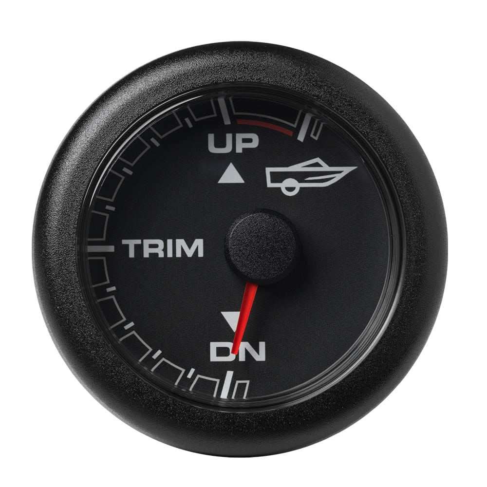VDO 2-1/16 inch OceanLink engine trim gauge with black dial and bezel showing trim up/down indicator