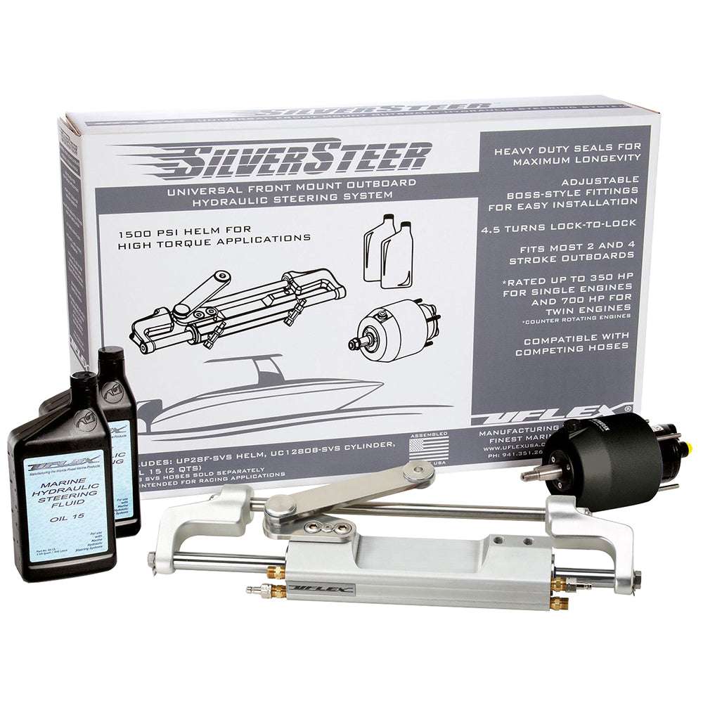 Uflex SilverSteer™ Front Mount Outboard hydraulic steering system kit including cylinder and fluid bottle