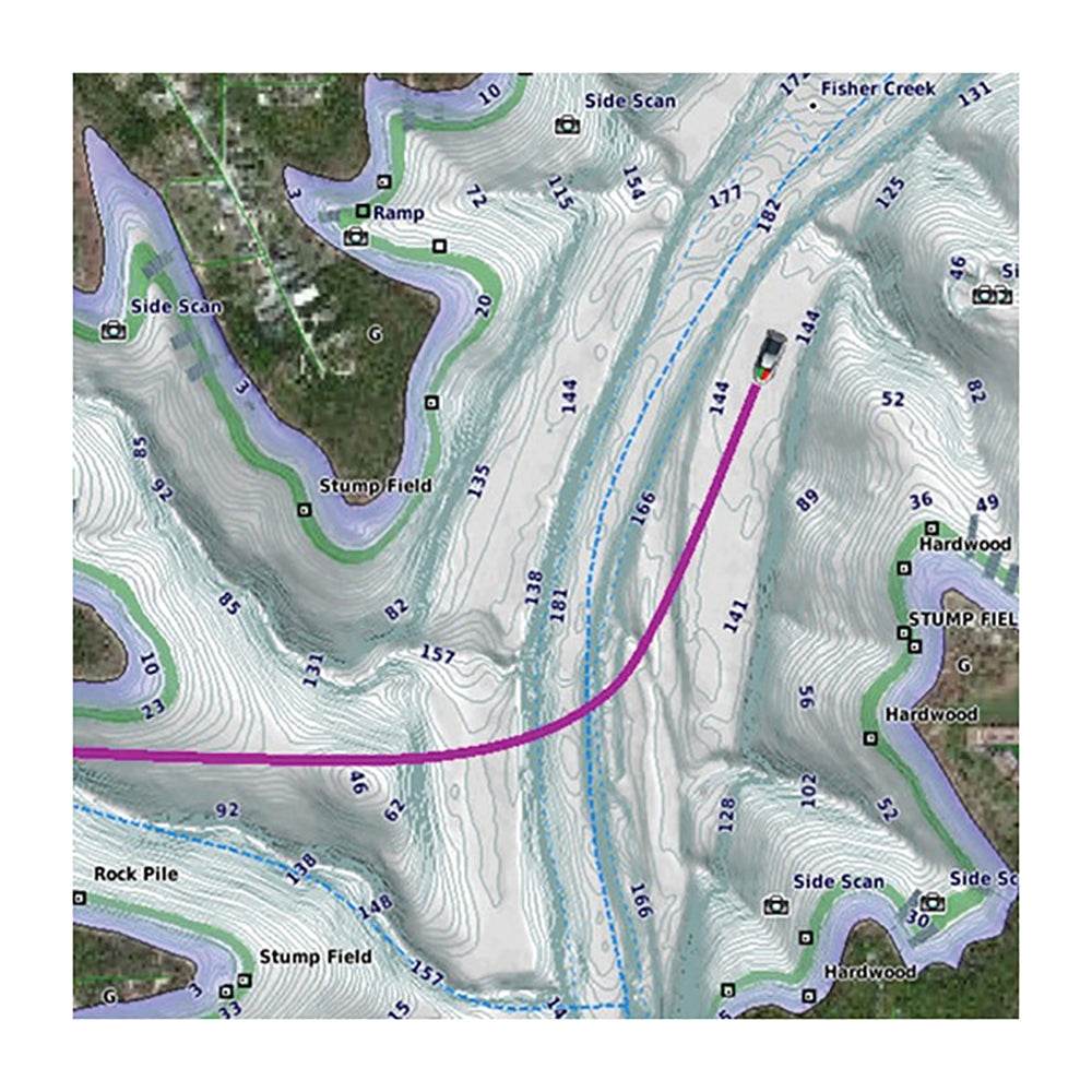 Garmin LakeVü Ultra fishing map showing detailed lake contours and navigation path with depth shading
