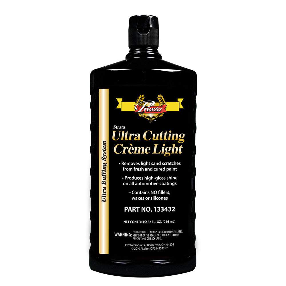 Presta Ultra Cutting Creme Light 32oz bottle for removing light sand scratches and enhancing automotive paint shine