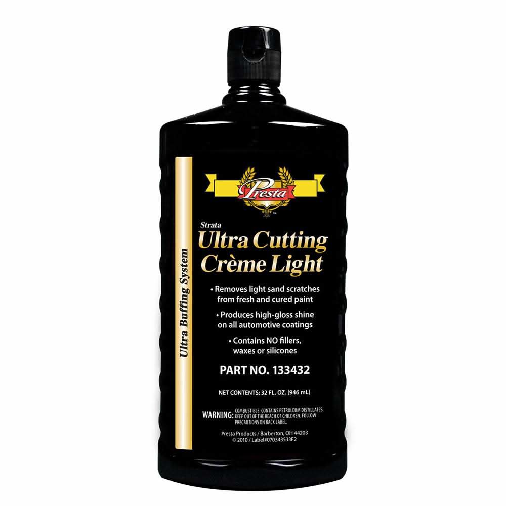 Presta Ultra Cutting Creme Light 32oz bottle for removing light sand scratches and enhancing automotive paint shine